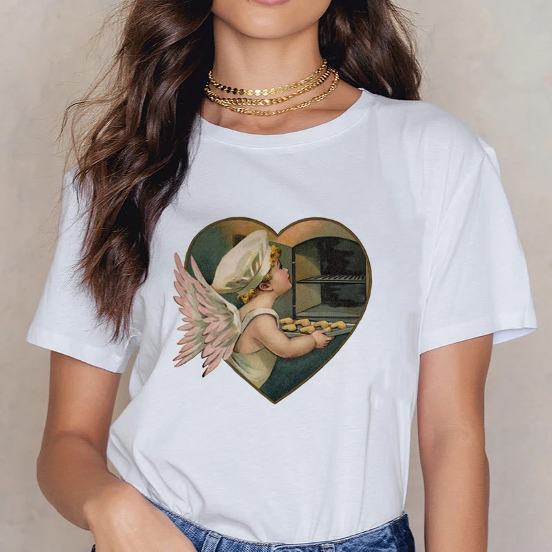 Angel 90s модная женская футболка с принтом Kawaii, футболка с коротким рукавом и круглым вырезом, винтажная Vogue Ullzang, Футболка Harajuku, женские футболки - Цвет: white