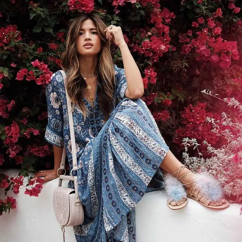 Boho Хиппи темно-синее платье повседневное силуэт Струящееся летнее платье кимоно с v-образным вырезом рукавом цветочным принтом Платья женские миди платье