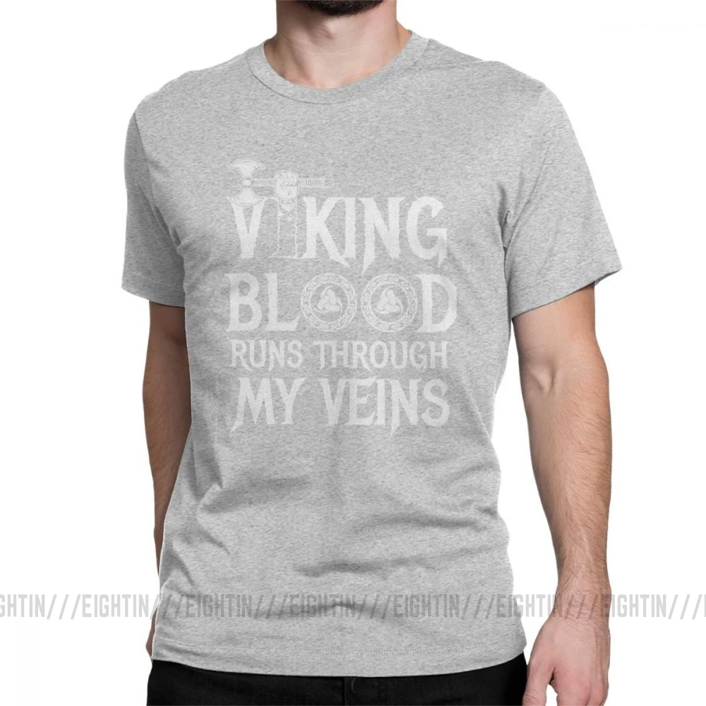 Футболка с викингом Blood Runs In My Viens Valhalla, Мужская Дизайнерская одежда, модные футболки с круглым вырезом из хлопка - Цвет: Серый