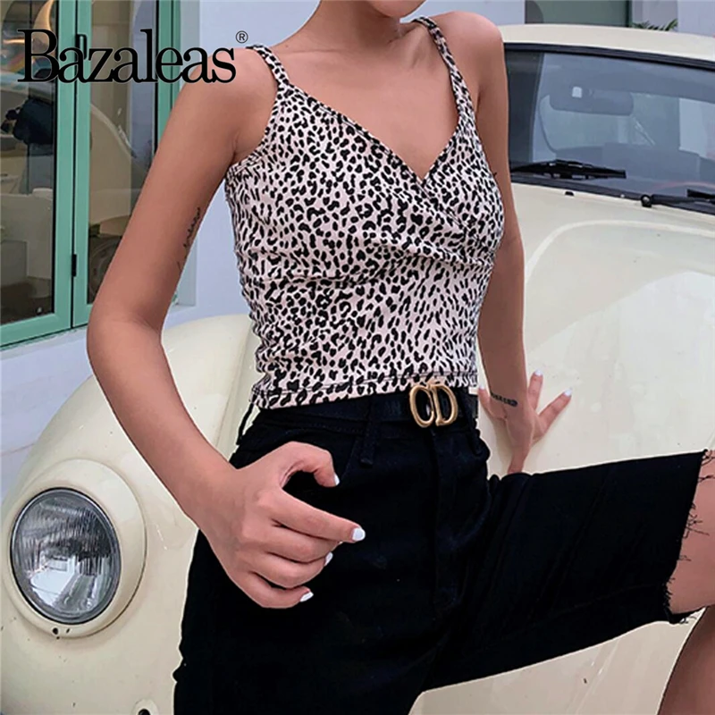 Bazaleas Streetwear Sexy Leopard Print Spaghetti cropped Camis All Match Tube top Fashion Crop Top Women Camisole | Женская одежда
