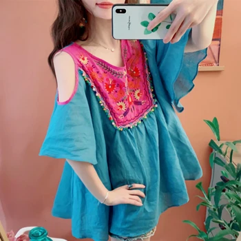 

Summer Women Korean Mori Girl Style Sweet Cute Blue Shirts Lady Casual Loose Oversize Embroidery Bohemian Cotton Linen Shirts