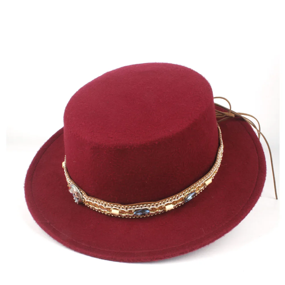 Wine Red Шерстяная Мужская и Женская Шляпа Fedora с плоским верхом, пояс в стиле ретро, шерсть мягкая фетровая шляпа Панама джазовая, шляпа, размер 56-58 см - Цвет: Wine Red