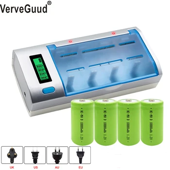 

VerveGuud smart LCD display battery charger for AA/AAA/SC/C/D/9V battery + 4Pcs nimh 10000 mah rechargeable D size batteries