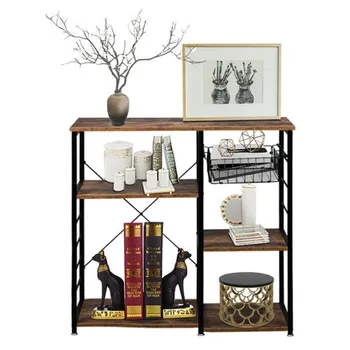 

Hodely 5-Layer MDF Industrial Wrought Iron Kitchen Shelf With Drain Basket Hook Microwave Oven Shelf Rack Standing