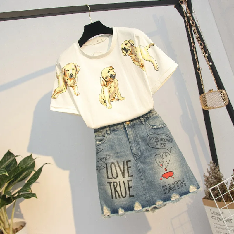 

2019 Summer New Style Large Size Dress Fat Mm Slimming Printed T-shirt + with Holes Denim Skirt Two-Piece Set