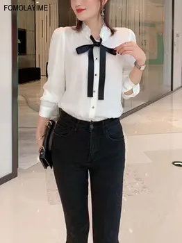 

Early Spring 2020 New Women's Shirt Long-sleeved Stand Collar Bow-tie Shirt Slim Versatile Blouse