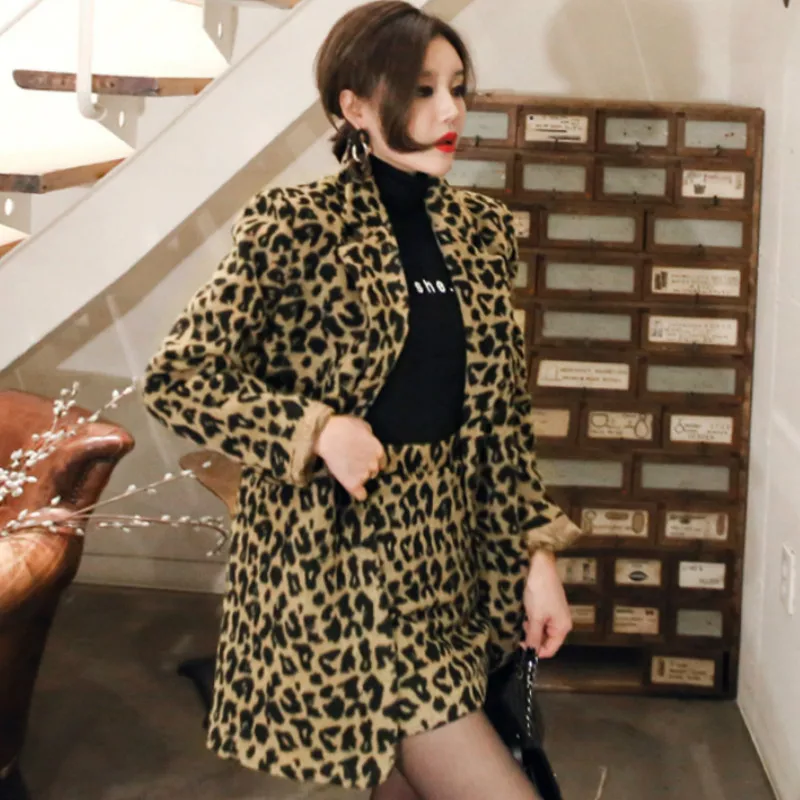

Autumn Leopard Print Office Blazer Outerwear Mini Bodycon Skirt Two Piece Women's Sets Work Suit Wool Blend Dress