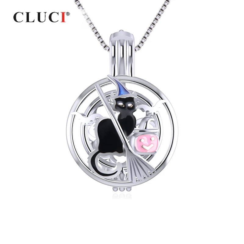 CLUCI серебряная подвеска для Хэллоуина 925 черная ведьма кошка круглой формы