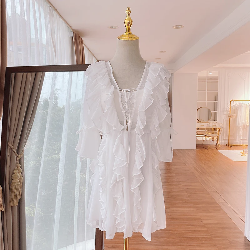 

Dress Women 2020 Summer New Layered Ruffles Bow Mini Dresses Women's Cross Strap Holiday Seaside Beach Dress White Black