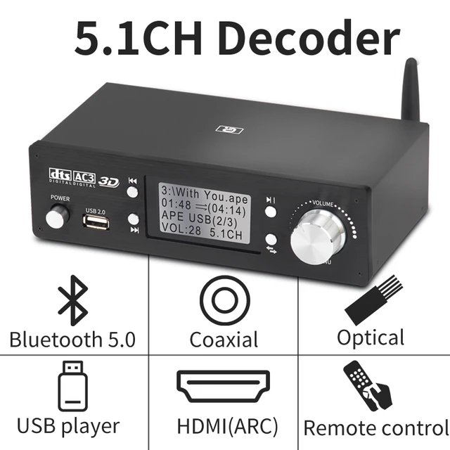 5.1CH Audio Decoder Bluetooth 5.0 4K60Hz HDMI 2.0 Switcher 3 In 1 Out ARC  Converter PC-USB DAC DTS AC3 5.1 Digital Audio System