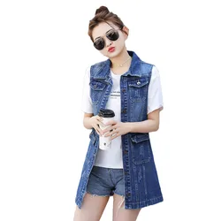 6xl plus size 2021 verão outono mulheres denim casual colete moda buraco denim coletes jeans jaqueta longo sem mangas cardigans w156