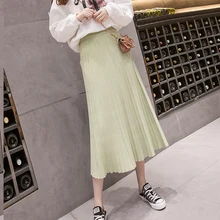 Зеленая, белая, черная, осенняя, Зимняя юбка, женская,, высокая талия, свитер, юбка-пачка для женщин, длинная Плиссированная юбка, вязаная, jupe femme