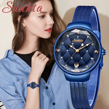 

SUNKTA Diamond Watch For Women Luxury Brand Sport Watch Women Blue Casual Dress Full Steel Quartz Wristwatches Gift Clock Montre
