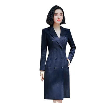 

Blazer Dress Woman Autumn and Winter 2019 Blue Stripe Double Breasted Full Sleeve Midi Dress Jewelry Shop Work Clothes 801951