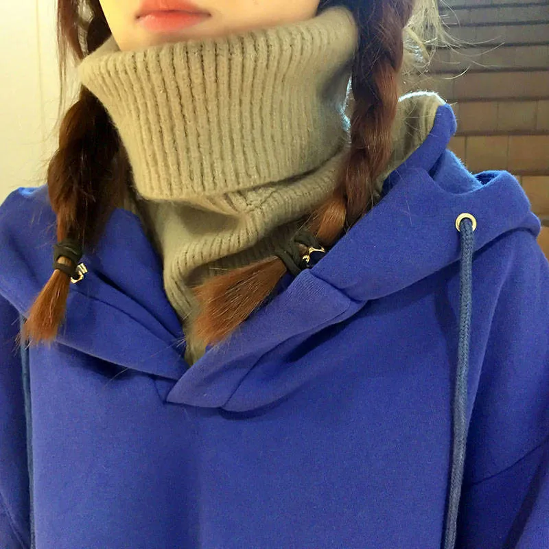 Свободный свитшот, теплый Однотонный свитер с капюшоном и высоким воротником, женские повседневные японские худи, уличная одежда для девочек, Зимний пуловер, толстовки