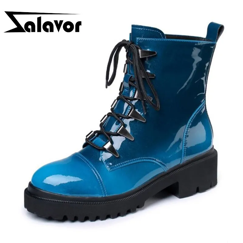 

ZALOVER Fashion Patent Leather Ankle Boots For Women Round Toe Lace Up Mid Heels Shoes Winter Warm Women Footwear Size 34-40