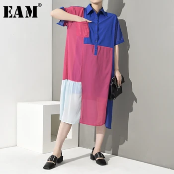 

[EAM] 2020 New Spring Summer Lapel Half Sleeve Hit Color Loose Pocket Big Size Perspective Mesh Dress Women Fashion WG907