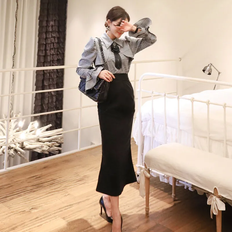

2020 Spring Clothing New Products Korean-style Elegant Plaid Bell Sleeve Shirt High-waisted Sheath Mid-length Fishtail Skirt Two