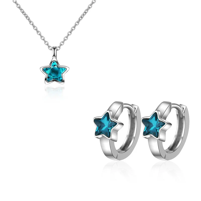 Jewelry sets Новая мода 925 серебро синий пятиконечная звезда цирконий кулон ожерелье+ серьги для женщин комплекты ювелирных изделий kolye - Окраска металла: Jewelry sets
