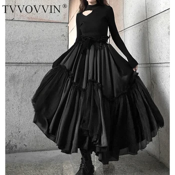 

Loose High Elastic Waist Black Layers Bandage Bow Temperament Half-body Skirt Women Fashion Tide Spring Autumn 2020 8J6K
