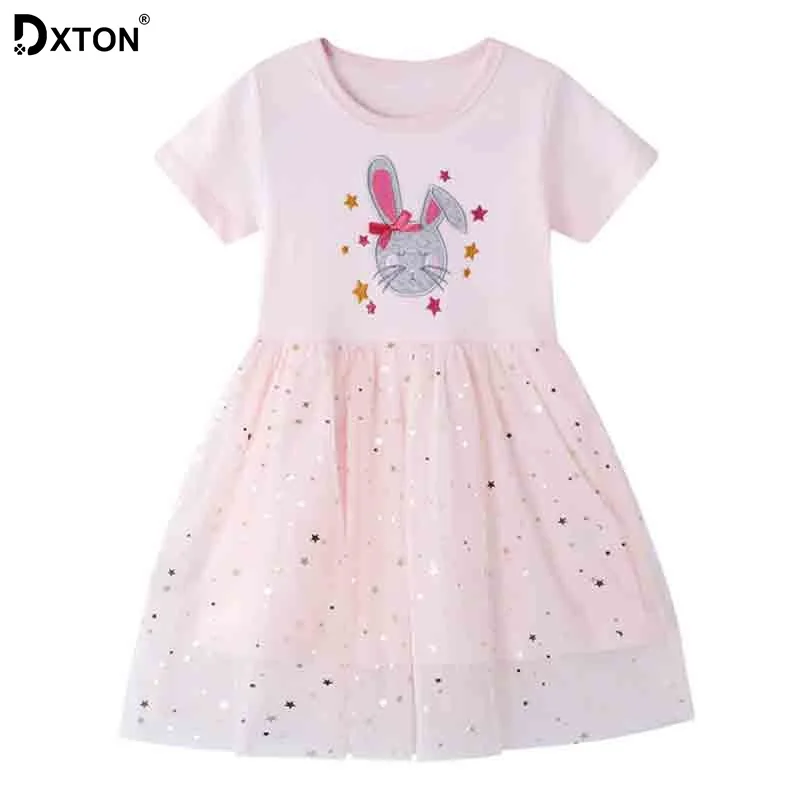 DXTON Girls Dress 2020 Summer Princess Patchwork Clothes Rabbit Party Flower Kids Children Clothing 2-7Y | Детская одежда и обувь
