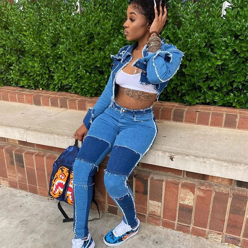 Blue Denim Two Piece Set Jeans Suit For 
