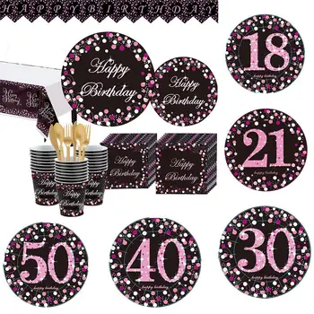 

18/21/30/40/50/60 Years Paper Disposable Banner Tablecloths Napkins Dinnerware Set Happy Birthday Party Tableware Supplies Set
