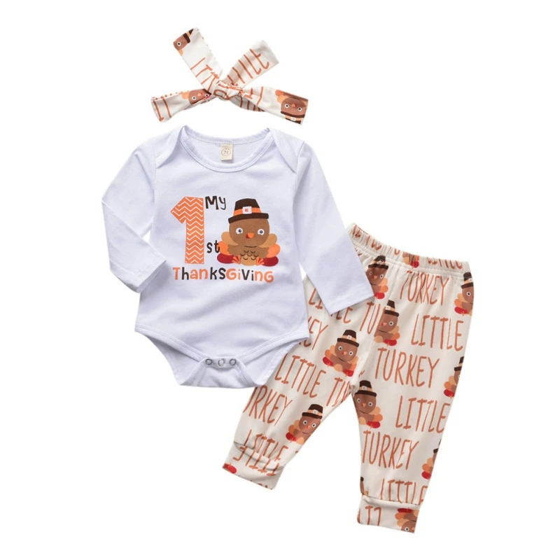 

Autumn Baby Boy Girl Long Sleeve Cartoon Letters Print Romper Tops Floral Trousers Headband Outfits Clothes