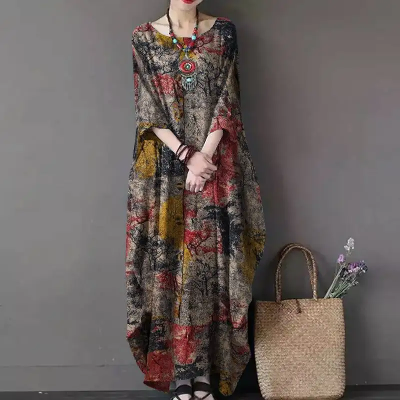 ZANZEA Vintage Printed Maxi Long Dress Women Sundress Casual Long Sleeve Kaftan Dresses Female Baggy Floral Vestidos Plus Size 7