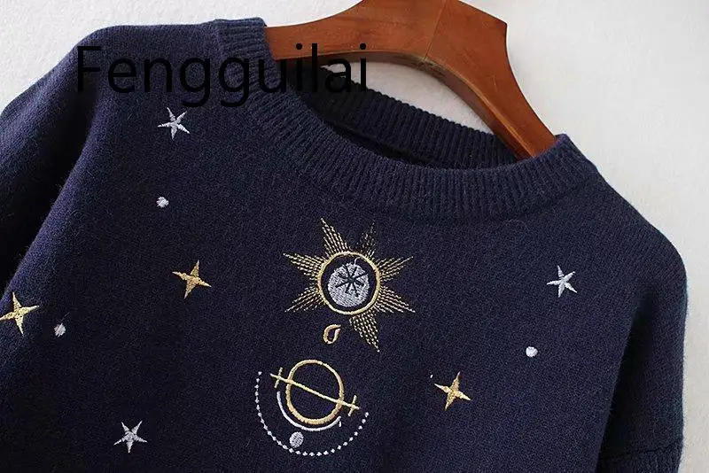 Fall Women Fashion Sweater Moon Star Embroidery Knitting Sweaters O-Neck Winter Warm Pullover Sweater Casual Girls Tops Sweater