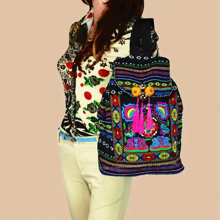 Tribal Vintage Hmong Thai Indian Ethnic Embroidery Bohemian rucksack Boho hippie ethnic bag backpack bag L size SYS-170E