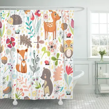 

Colorful Hedgehog with Cute Cartoon Forest Animals on White Different Plants Children's Branch Fox Shower Curtains Waterproof