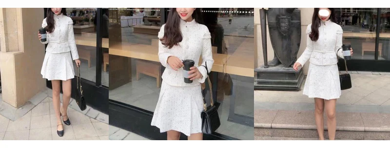 Autumn Winter Women Elegant Tweed Two Piece Set White Wool Belted Pearls Jacket Cropped Coat+ Pleated Mini Skirt Suits Set