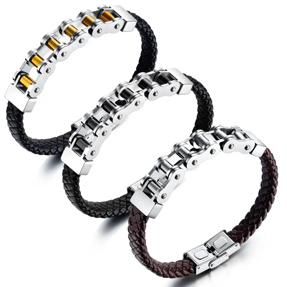 

Punk Black Braided Leather Bracelet Bangle For Men Woman Classic Bicycle Chain Cuff Hand Jewelry Gift Dropshipping