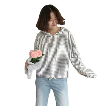 

Women Cute Stripes Simple Autumn Long Sleeve Casual Loose Hooded Short Fashion