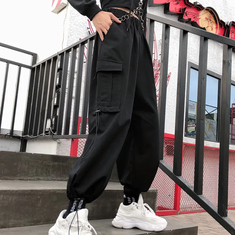 Харадзюку молнии уличная Женская Повседневная шаровары с цепочкой твердые черные брюки крутая Мода хип хоп длинные брюки Капри панк