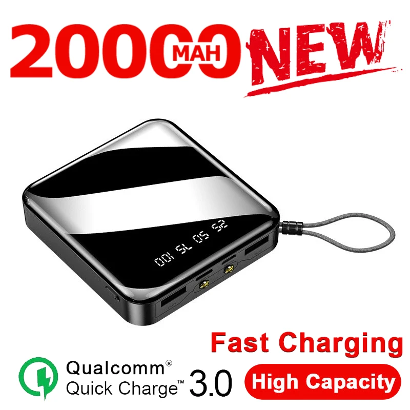 20000mAh Mini Power Bank Digital Display External Battery 2 USB Portable Dual LED Lighting Fast Charger Phone for Iphone | Мобильные