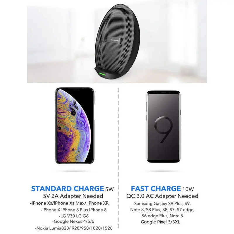 RISE-Беспроводной Bluetooth быстрая Зарядное устройство Подставка с охлаждающим вентилятором Совместимость со смартфонами Iphone Xs Max/Xr/Xs/X/8/8 Plus, 10 Вт для Galaxy S10/N