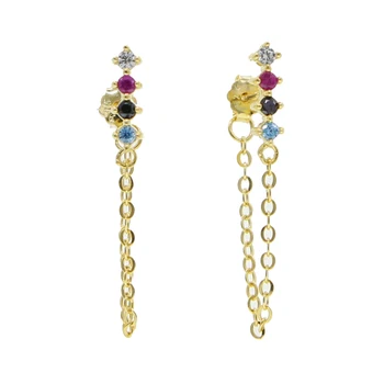 

925 Sterling Silver Delicate rainbow colourful CZ geometry Square long Tassels Stud Earrings for Women girl gift wedding jewelry