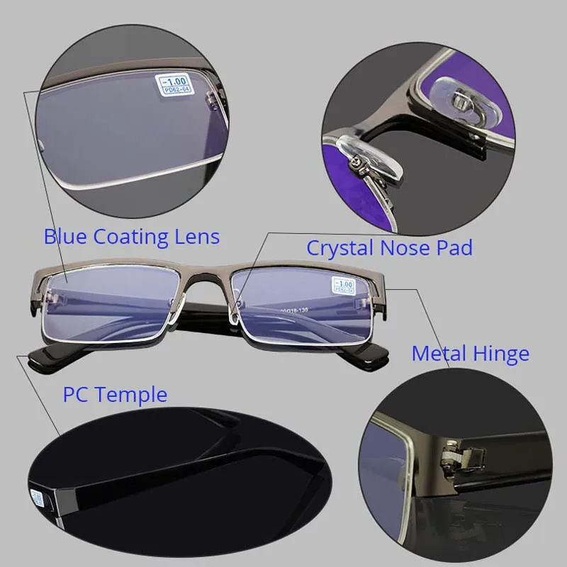 Myopia Glasses Optical Glasses Eyeglasses Frames Eyeglass Frames Square Eyeglasses Stainless Myopia Glasses Men Eyeglasses Women Half Metal Spectacles Eyeglass-0.5-1.0-1.5-2.0-2.5-3.0-3.5-4.0