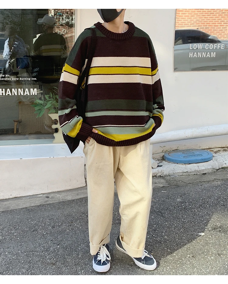 Striped Sweater Men Warm Fashion Contrast Color Casual O-neck Knit Pullover Men Streetwear Knitting Sweaters Male Sweter Clothes