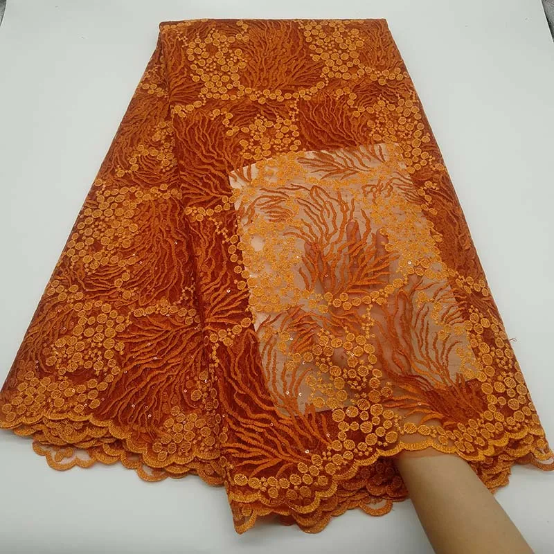 Оранжевый высококачественные блестки африканские блестки кружева ткань, французский тюль сетка кружева Ткань Вышивка для нигерийских вечерние платья