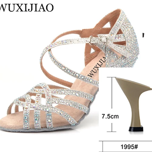 Silver heel 7.5cm WUXIJIAO/серебристые и Синие стразы; обувь для латинских танцев; женская Обувь для бальных танцев; обувь для вальса на высоком каблуке 9 см; Лидер продаж - Цвет: Silver heel 7.5cm