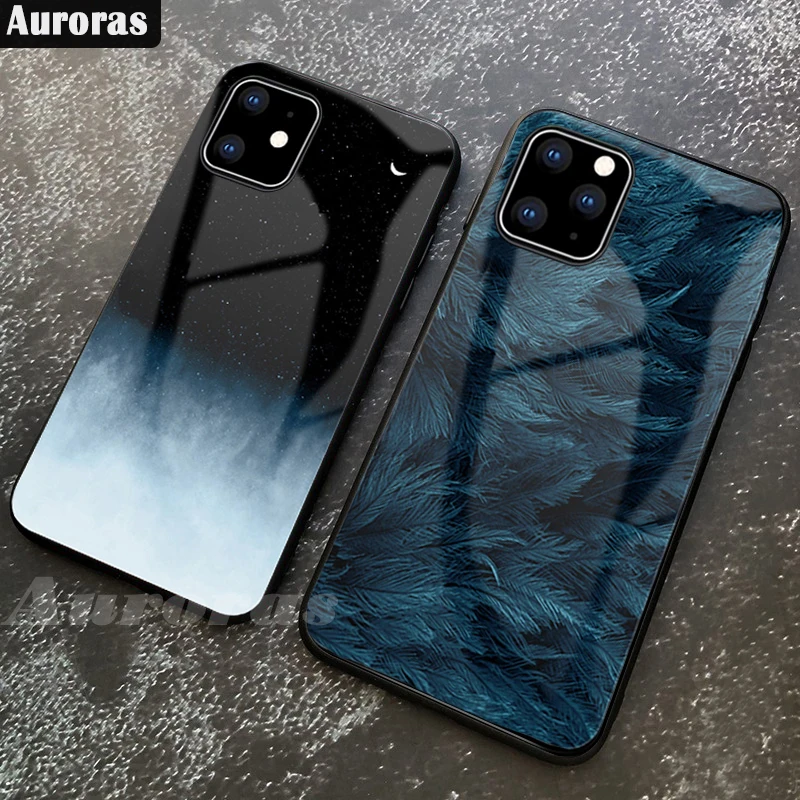 

Auroras For iPhone 11 Pro Case Tempered Glass Feather Print Cover For Apple iPhone 11 11 Pro Max Cases
