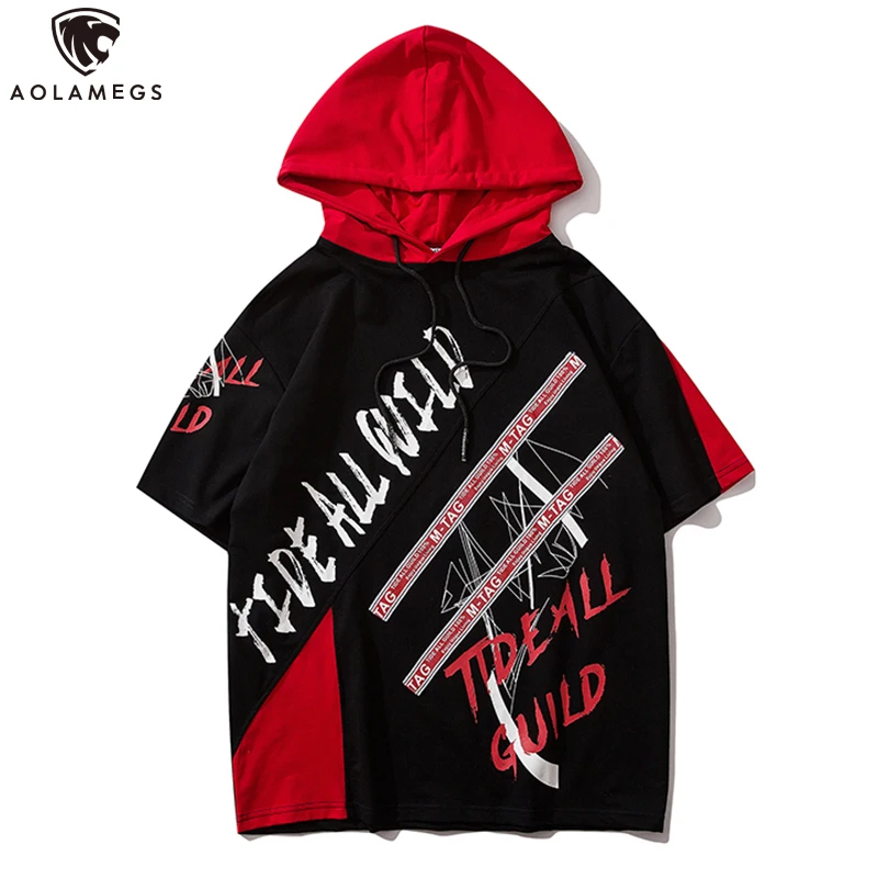 

Aolamegs Men's T Shirt Hit Color Hooded Hip Hop Style Cozy Patchwork Cool Letter Print High Street Casual Streetwear Summer