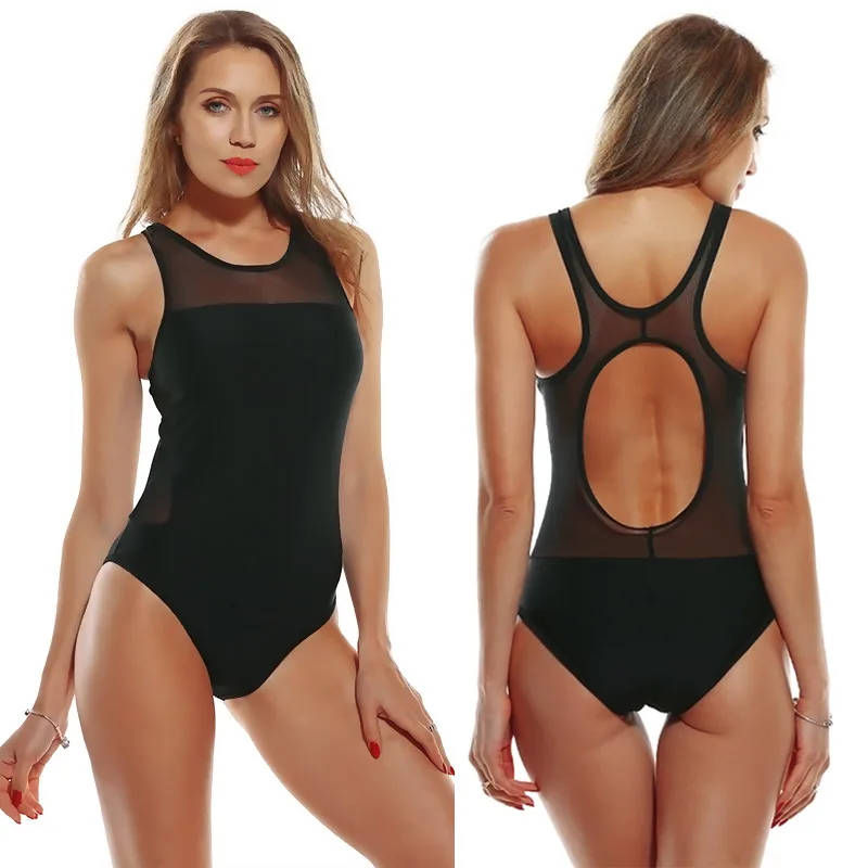 

Sexy One Piece Swimsuit Mesh Patchwork Backless Hollow Out Padded Bathing Suit Round Neck Cheeky Swimwear Plus Size Monokini