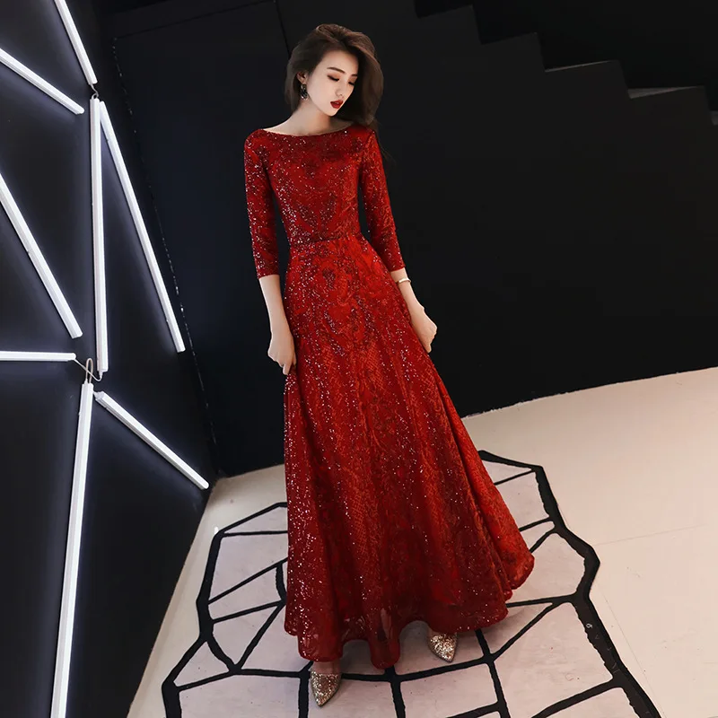 wine red o-neck Новинка, вечернее платье, блестящее, расшитое блестками, ТРАПЕЦИЕВИДНОЕ, длина до пола, элегантные вечерние платья,, на шнуровке, на молнии, сзади, Формальные платья для выпускного вечера, E395 - Цвет: wine red o-neck
