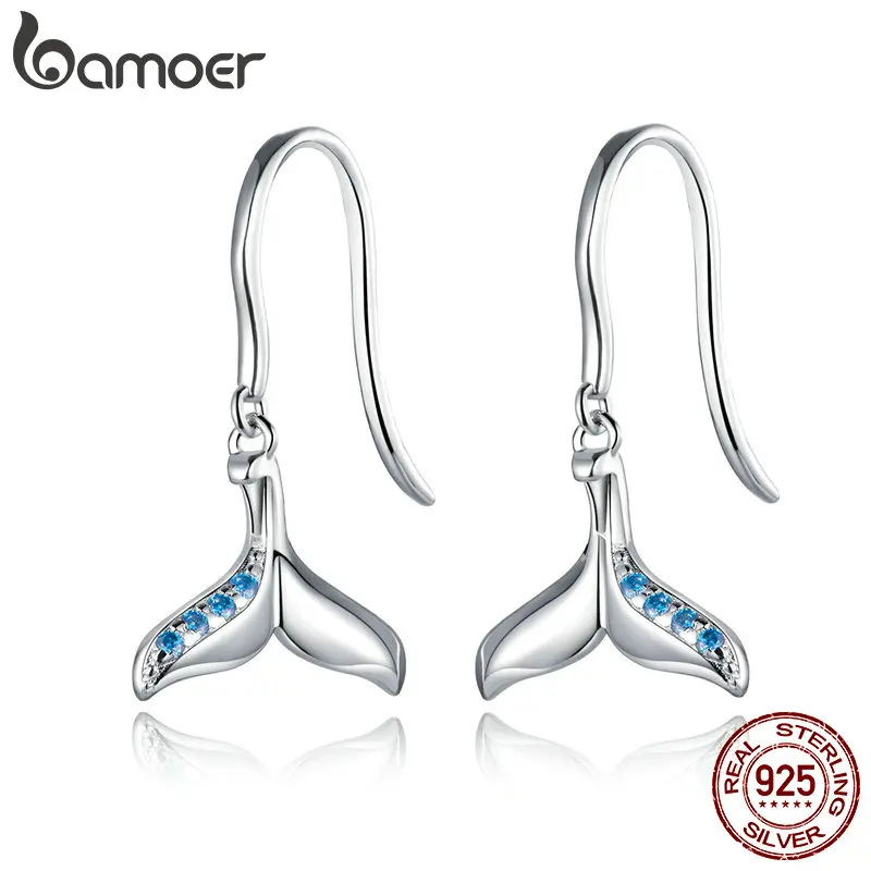 Bamoer 925 пробы серебро фасона рыбий хвост Длинные Висячие серьги для Для женщин