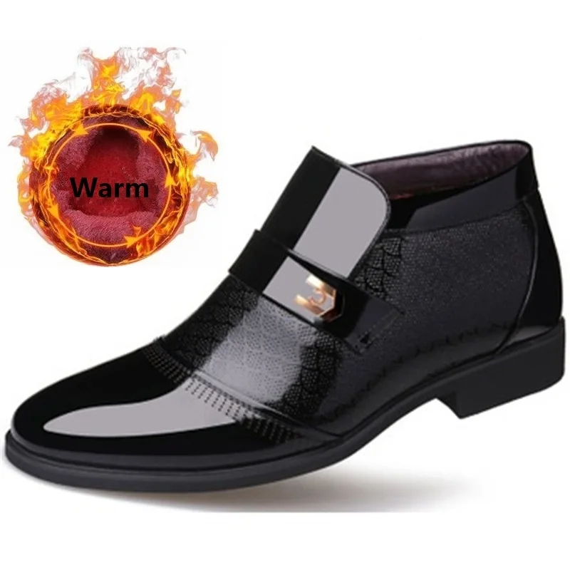 

Winter Men Snow Boots Fashion Patent Leather Business Dress Shoes High Quality Male Plush Warm Shoes Non-slip Comfort Booties