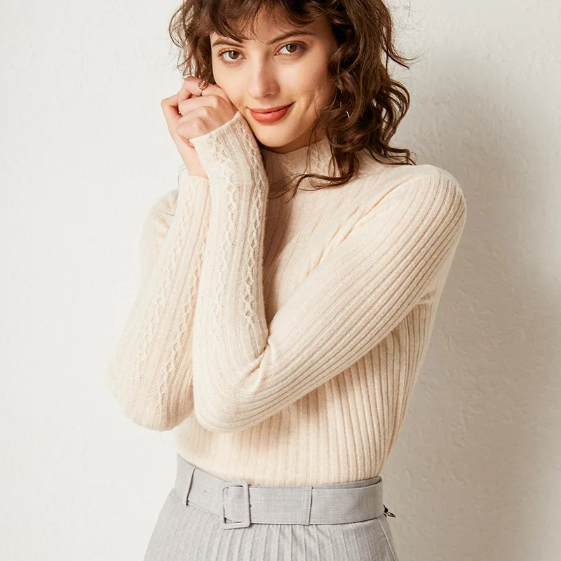 

Autumn And Winter New Style Half-Turtle-Neck 100% Pure Woollen Sweater Women's Pullover Base Shirt Sweater Short Sunken Stripe S